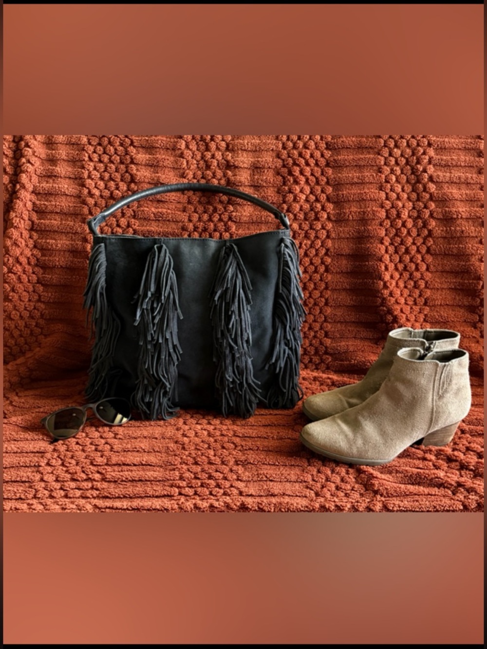 Topshop Genuine Suede Fringe Hobo Bag Dark Blue Festival Style